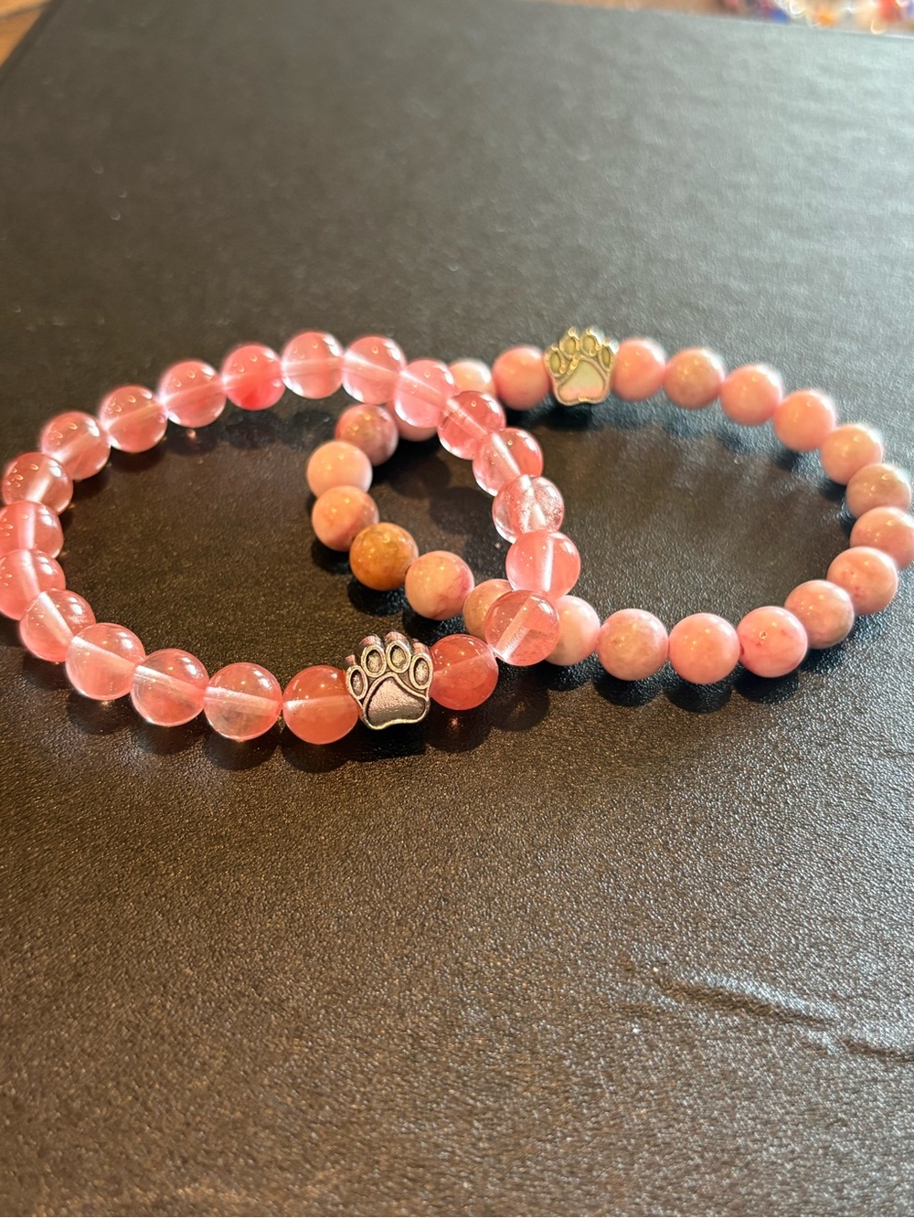 Pink Beaded Paw Charm Stretch Bracelet Set